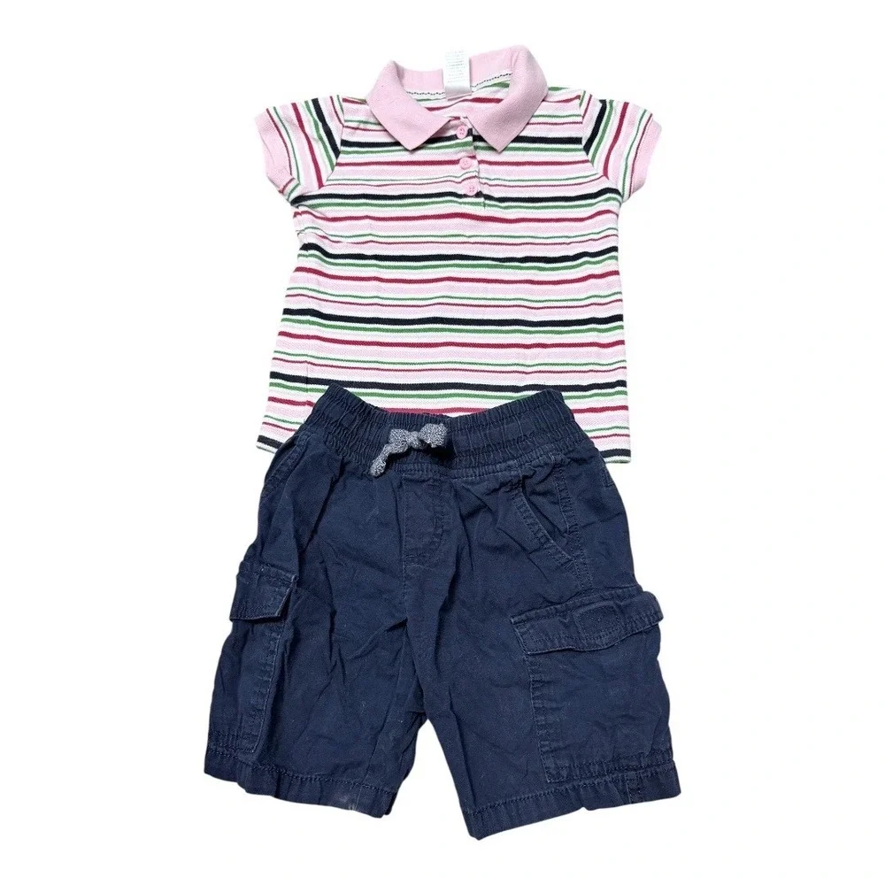 Gymboree Polo Shirt and Cargo Shorts Kids Size 4/5‎ Multi Stripe Navy 2pc Set